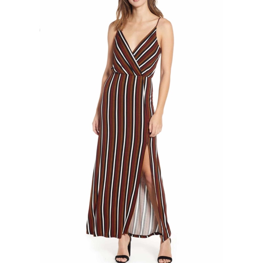 All In Favor Surplice Striped Maxi Dress L